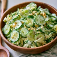 Crispy and creamy Million Dollar Cucumber Salad with bacon, cheddar, and green onion.