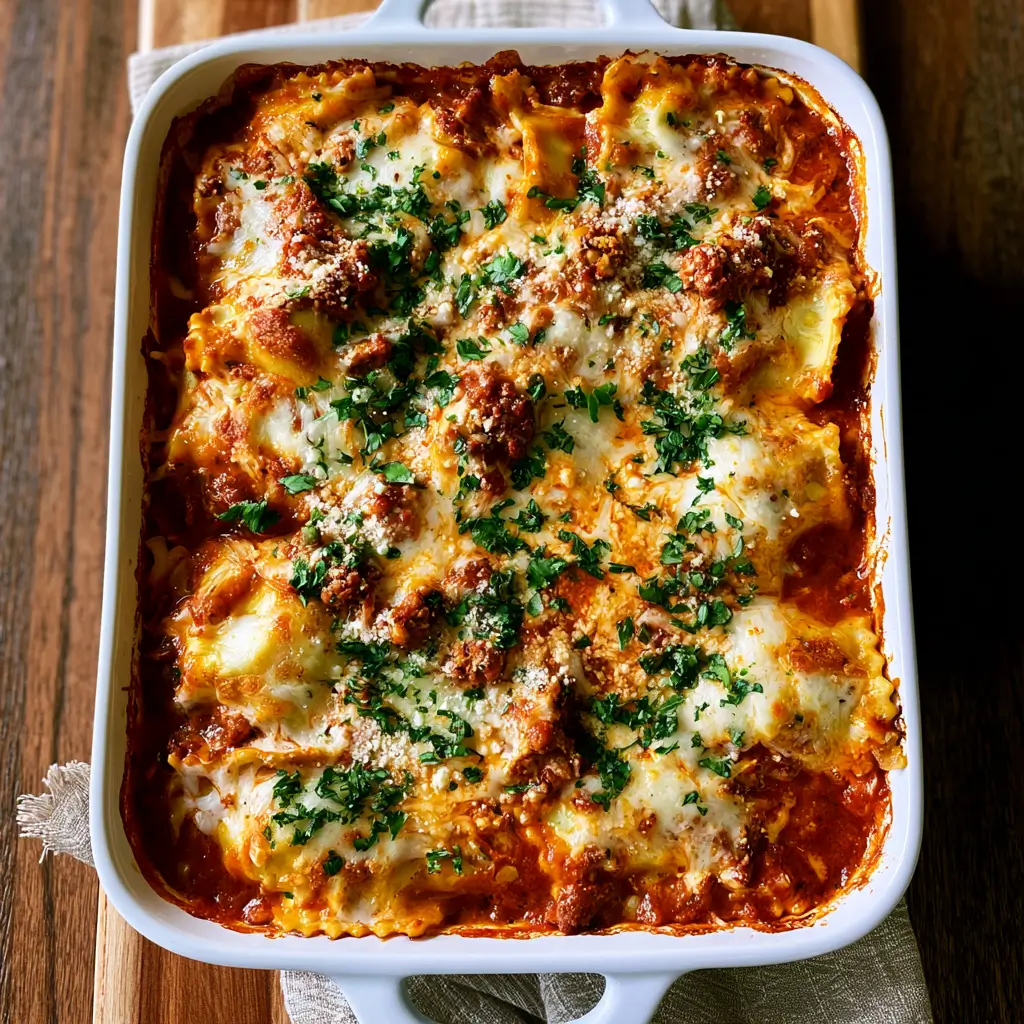 Delicious Million Dollar Ravioli Casserole with layers of cheese and marinara sauce