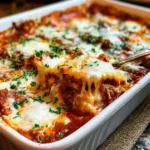 Delicious Million Dollar Ravioli Casserole with layers of cheese and marinara sauce