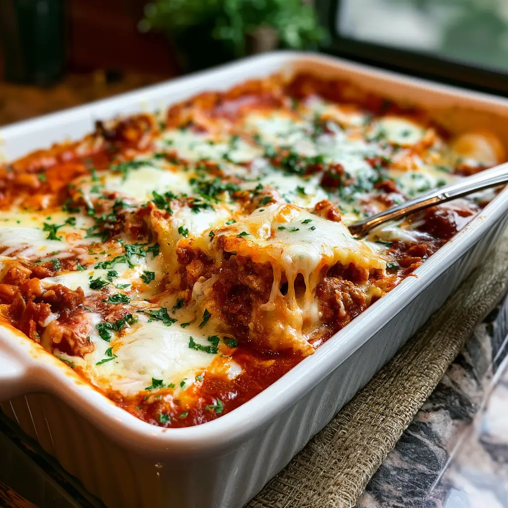 Delicious Million Dollar Ravioli Casserole with layers of cheese and marinara sauce