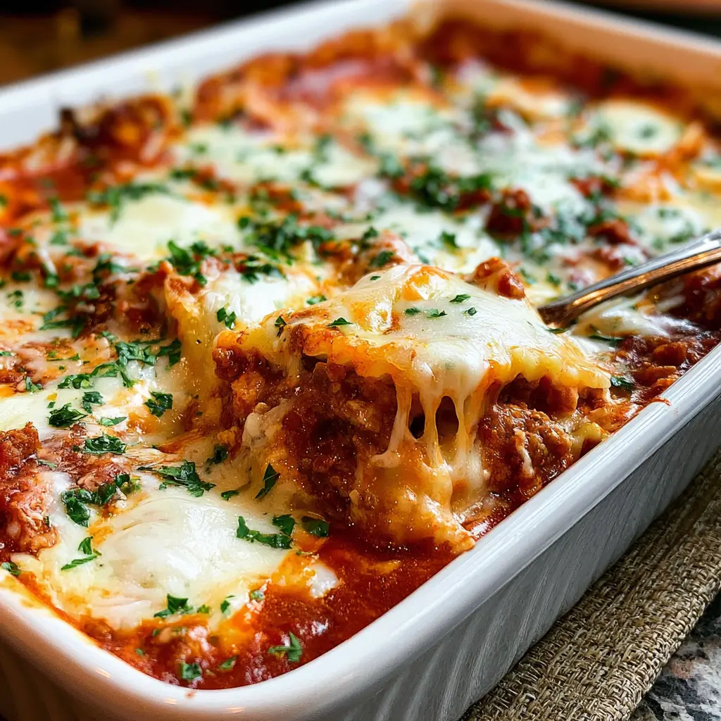 Delicious Million Dollar Ravioli Casserole with layers of cheese and marinara sauce