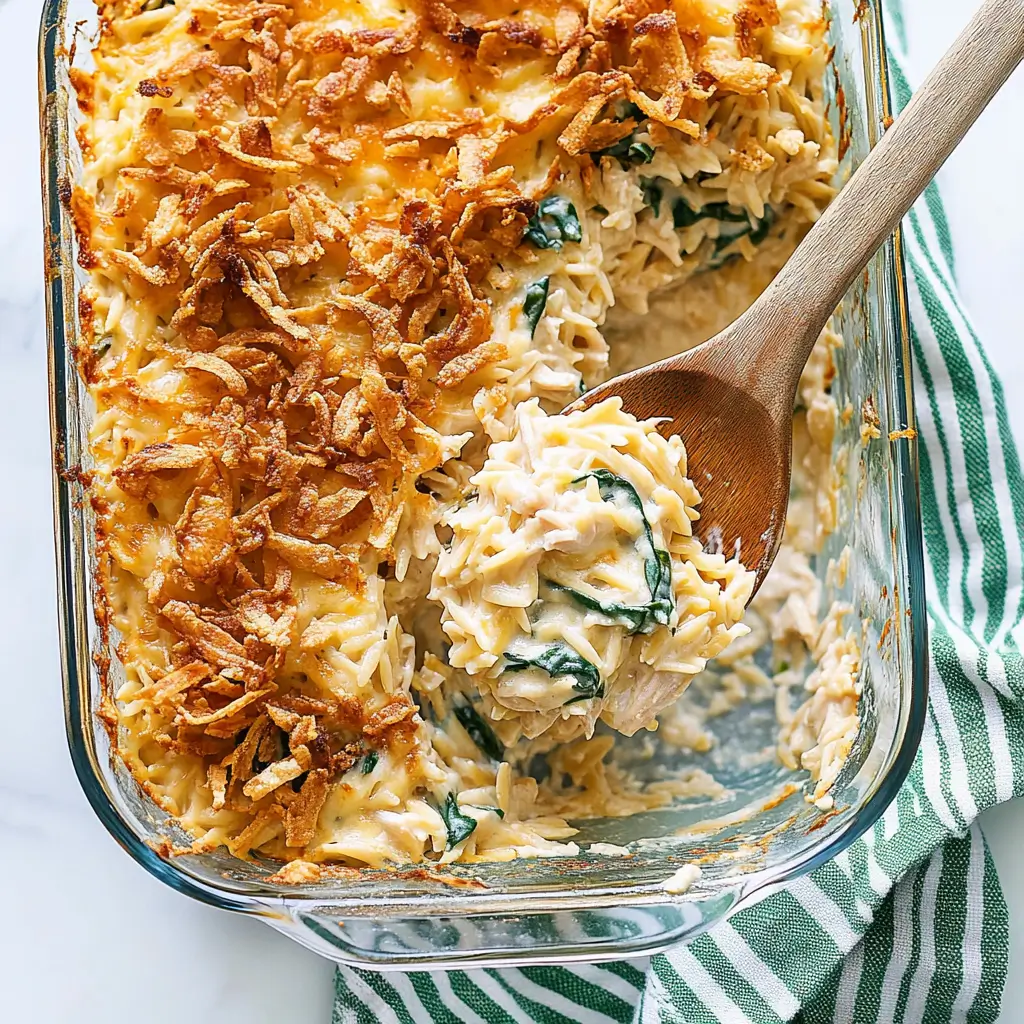 Creamy Monterey Chicken One Pan Orzo with chicken, spinach, and cheesy orzo in a baking dish.