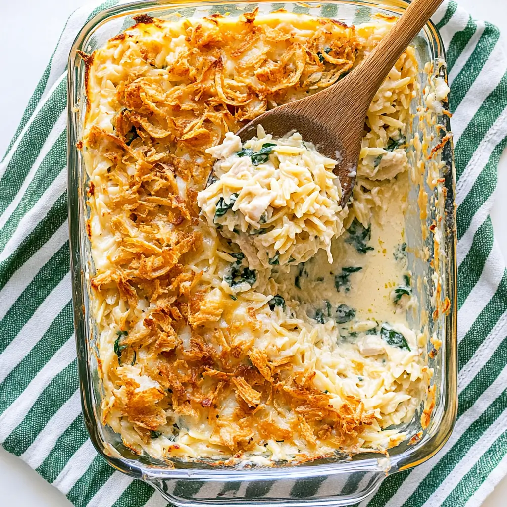 Creamy Monterey Chicken One Pan Orzo with chicken, spinach, and cheesy orzo in a baking dish.