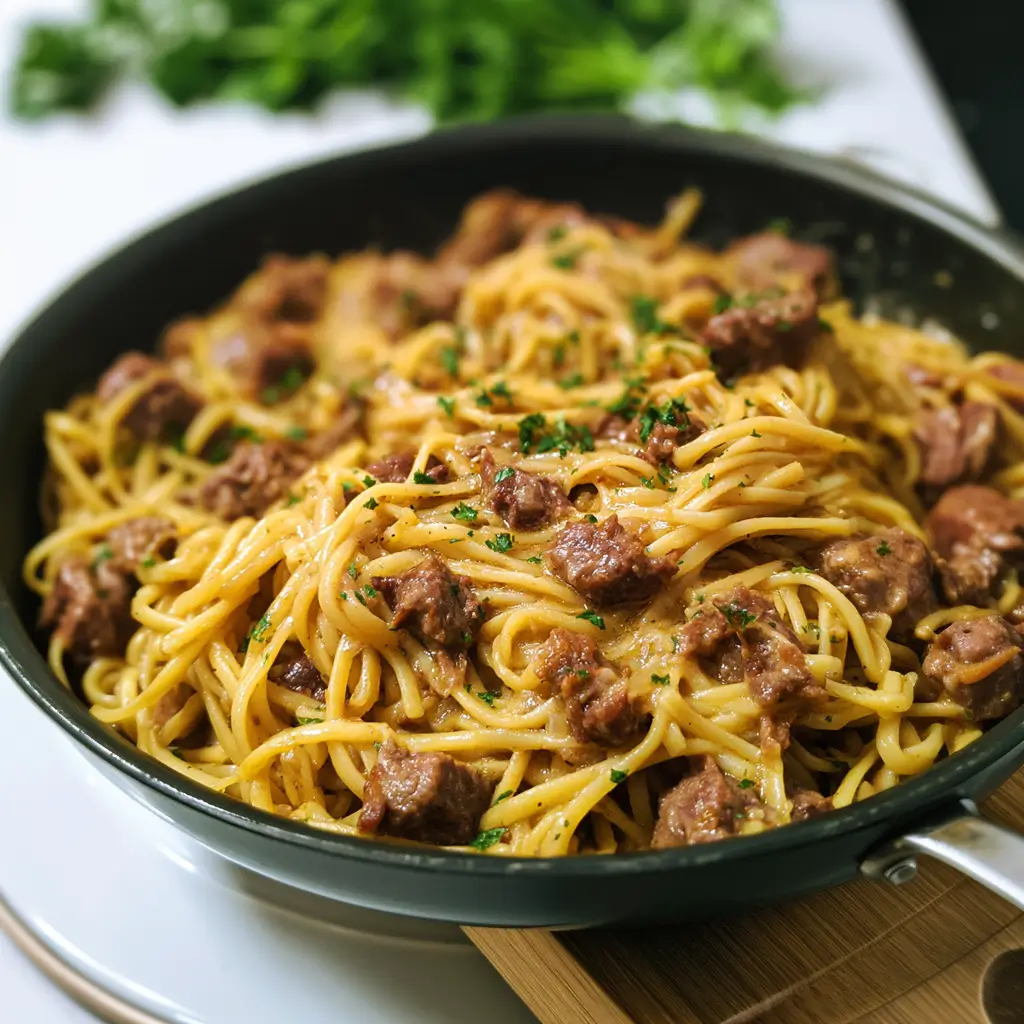 Delicious Garlic Butter Beef Pasta with ground beef and flavorful garlic sauce.