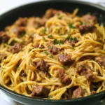 Delicious Garlic Butter Beef Pasta with ground beef and flavorful garlic sauce.