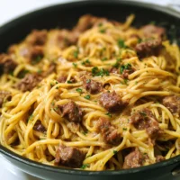 Delicious Garlic Butter Beef Pasta with ground beef and flavorful garlic sauce.