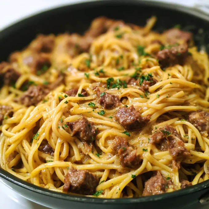 Delicious Garlic Butter Beef Pasta with ground beef and flavorful garlic sauce.