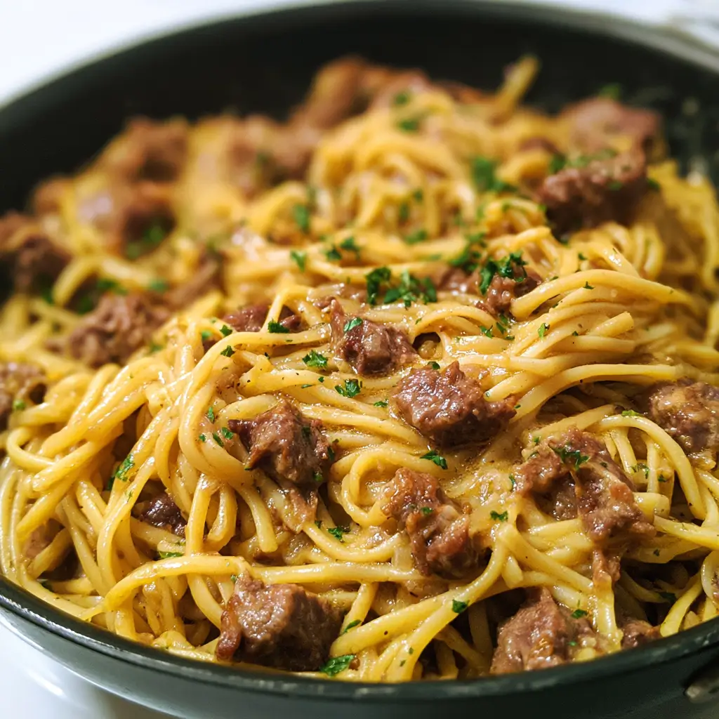 Delicious Garlic Butter Beef Pasta with ground beef and flavorful garlic sauce.