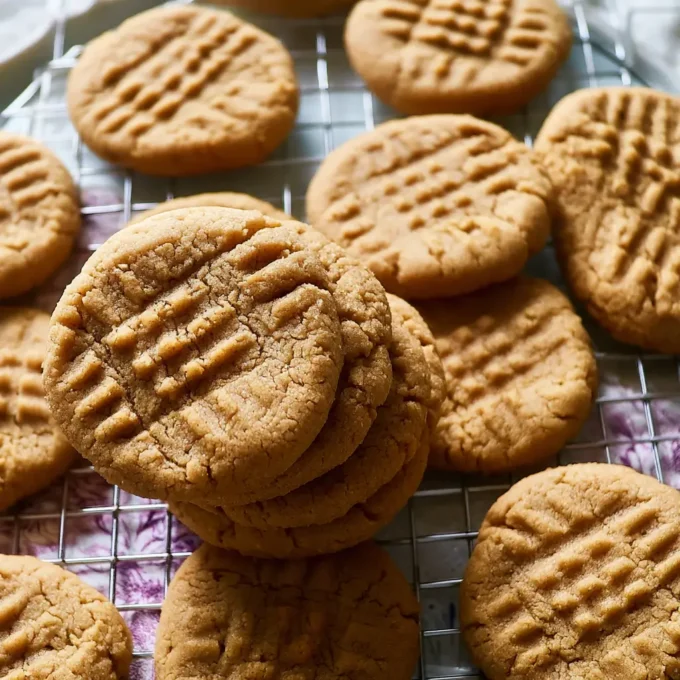 Delicious homemade peanut butter cookies stacked on a plate.