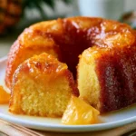 A slice of moist Pineapple Juice Cake with a butter-pineapple glaze on a plate.