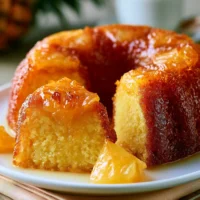 A slice of moist Pineapple Juice Cake with a butter-pineapple glaze on a plate.