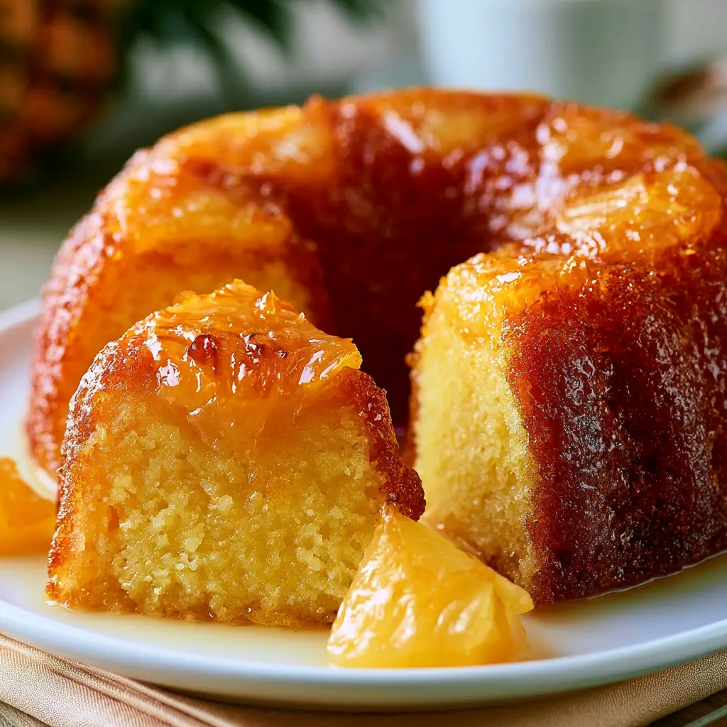 A slice of moist Pineapple Juice Cake with a butter-pineapple glaze on a plate.