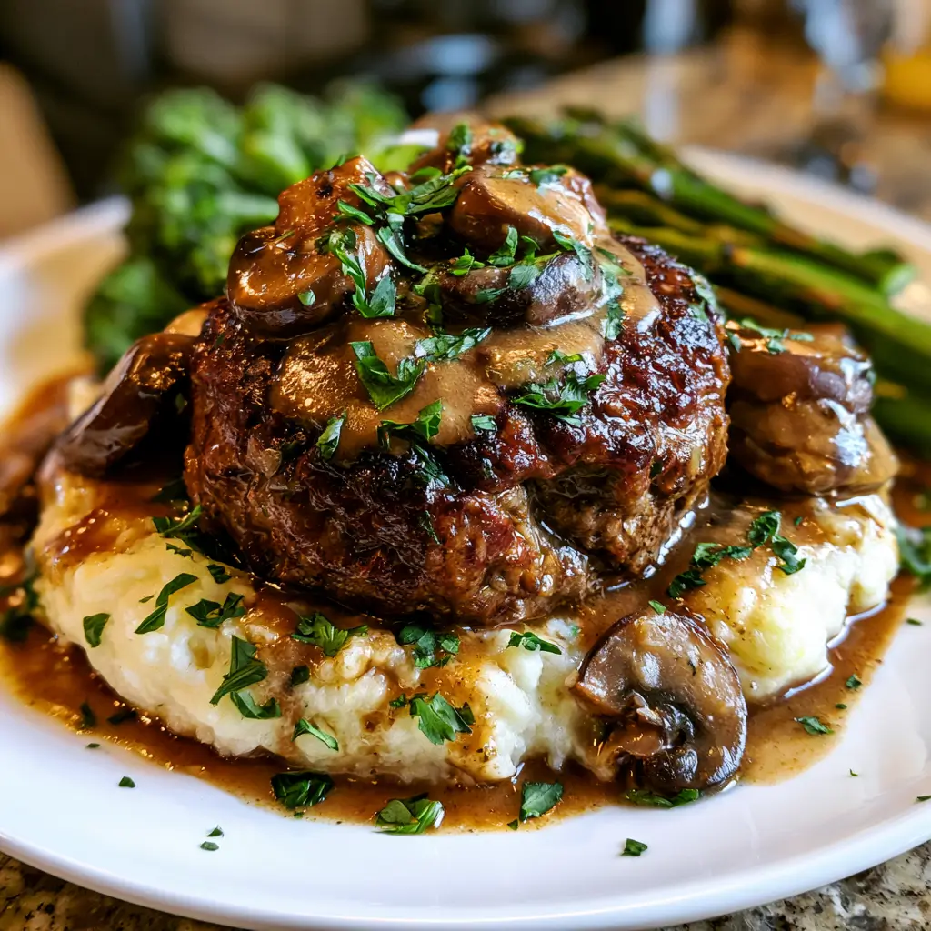 Delicious Salisbury steak with mushroom gravy served on a plate.