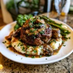 Delicious Salisbury steak with mushroom gravy served on a plate.