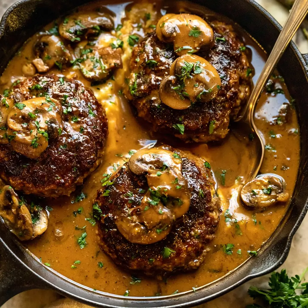 Delicious Salisbury steak with mushroom gravy served on a plate.