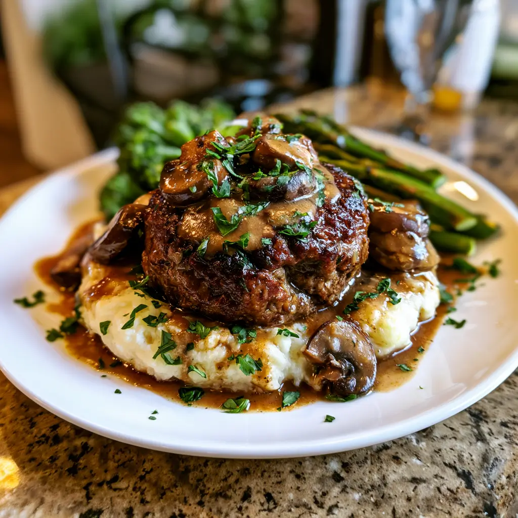 Delicious Salisbury steak with mushroom gravy served on a plate.