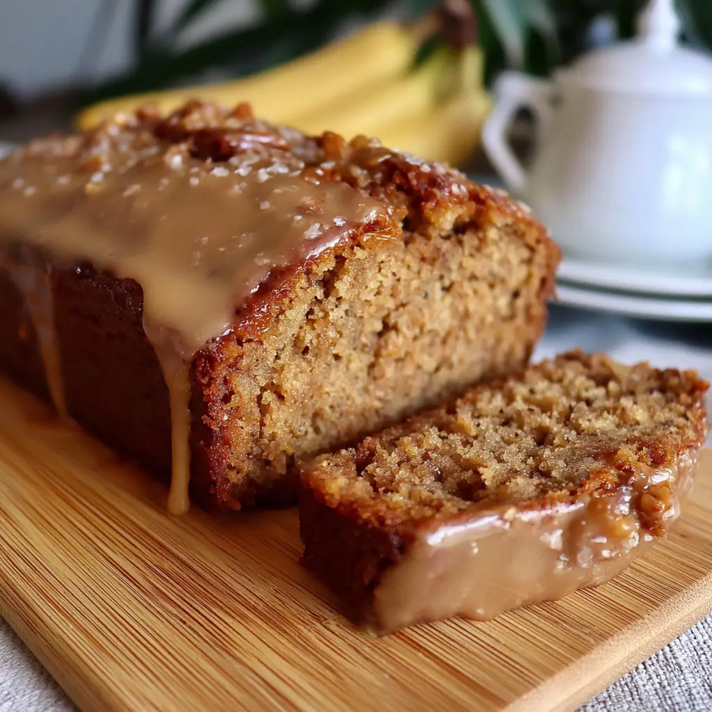 Delicious salted caramel banana bread drizzled with warm caramel sauce.