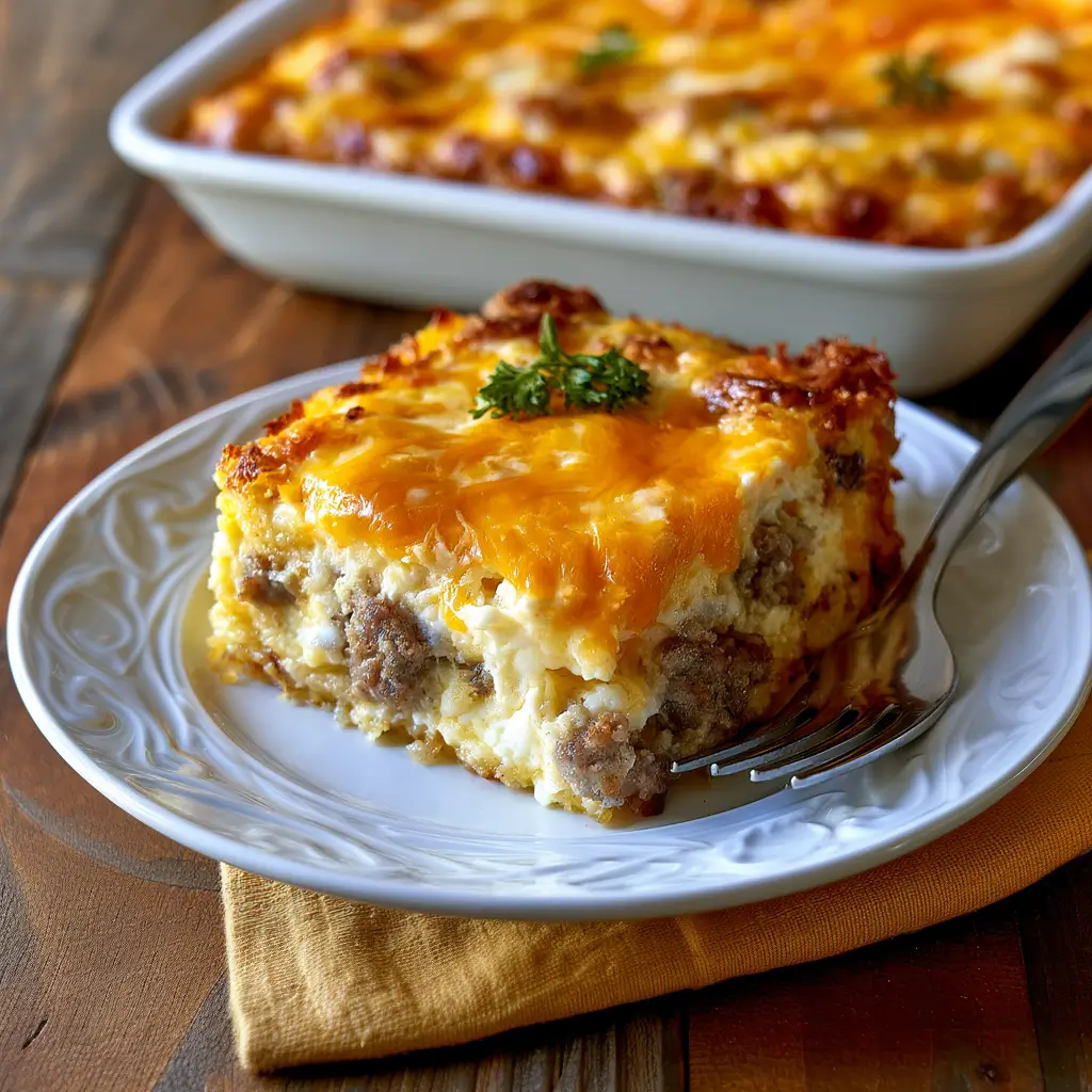 Sausage, Egg and Cream Cheese Hashbrown Casserole with crispy hashbrowns and cheese