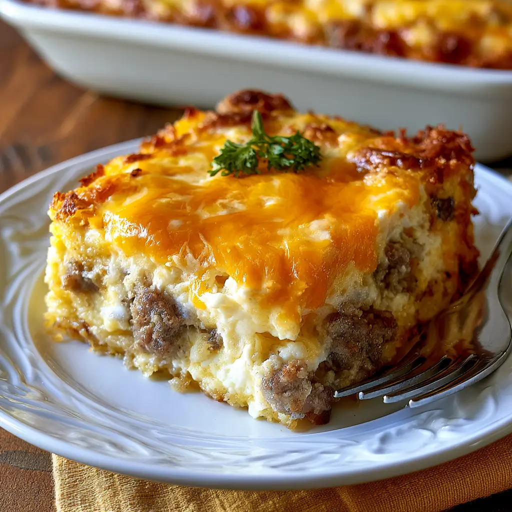 Sausage, Egg and Cream Cheese Hashbrown Casserole with crispy hashbrowns and cheese