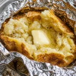 Delicious baked potato on the grill, ready to be served.