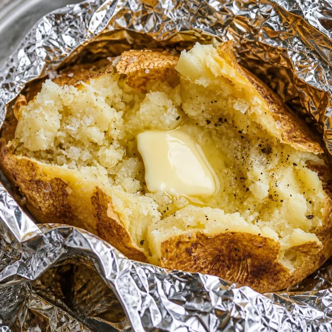Delicious baked potato on the grill, ready to be served.