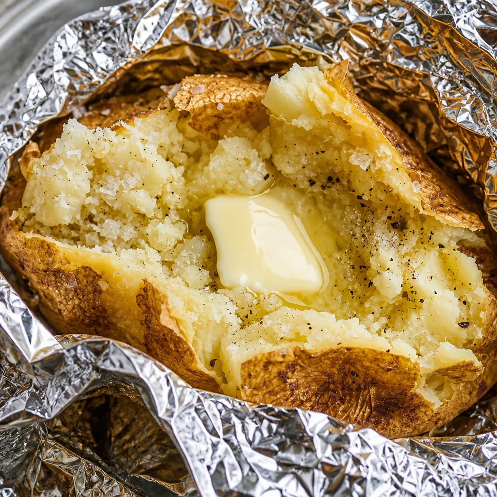 Delicious baked potato on the grill, ready to be served.