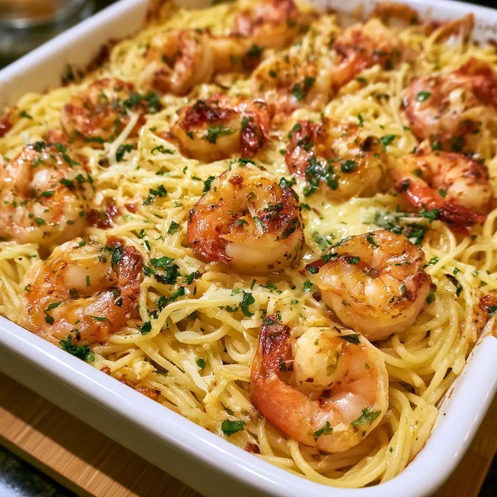 Shrimp scampi pasta bake topped with garlic and herbs, perfect for a weeknight meal.