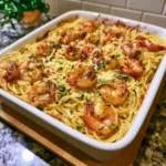 Shrimp scampi pasta bake topped with garlic and herbs, perfect for a weeknight meal.