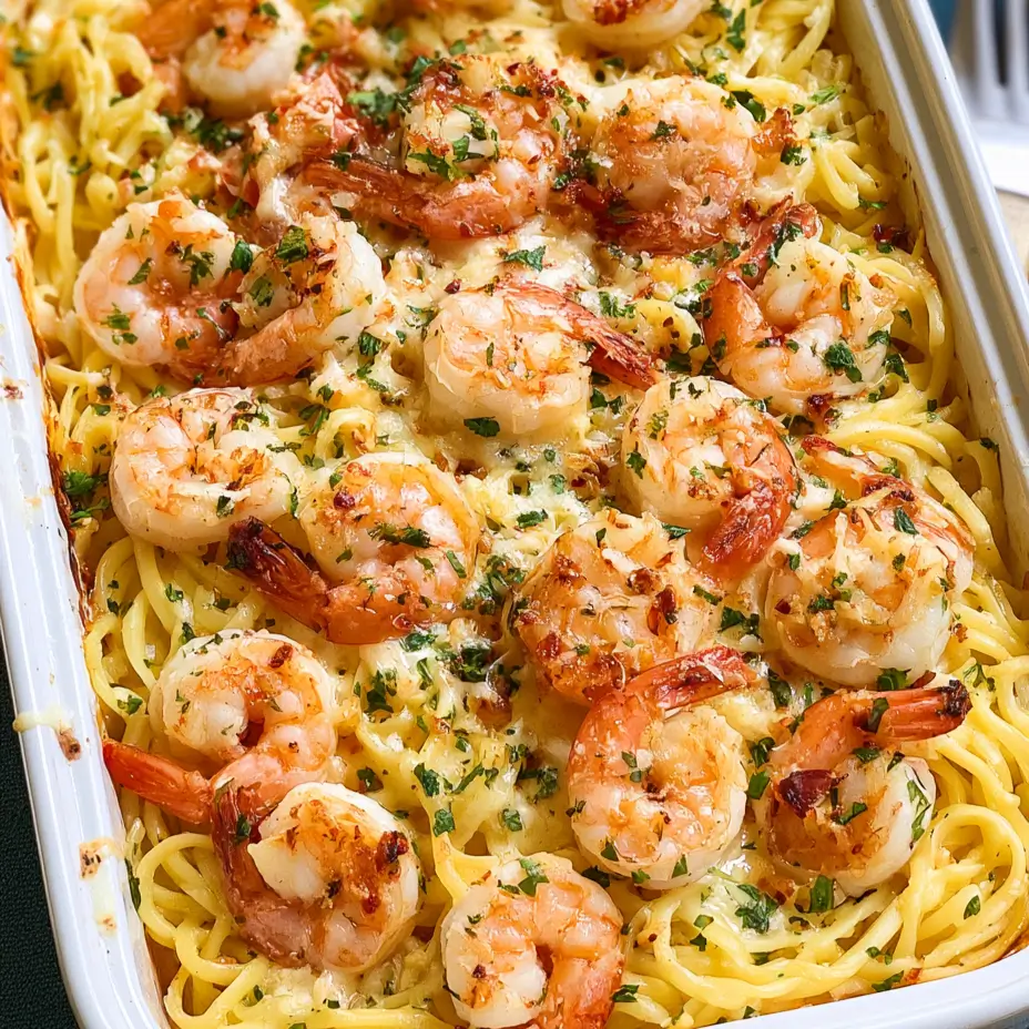 Shrimp scampi pasta bake topped with garlic and herbs, perfect for a weeknight meal.