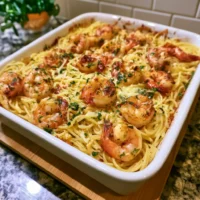 Shrimp scampi pasta bake topped with garlic and herbs, perfect for a weeknight meal.