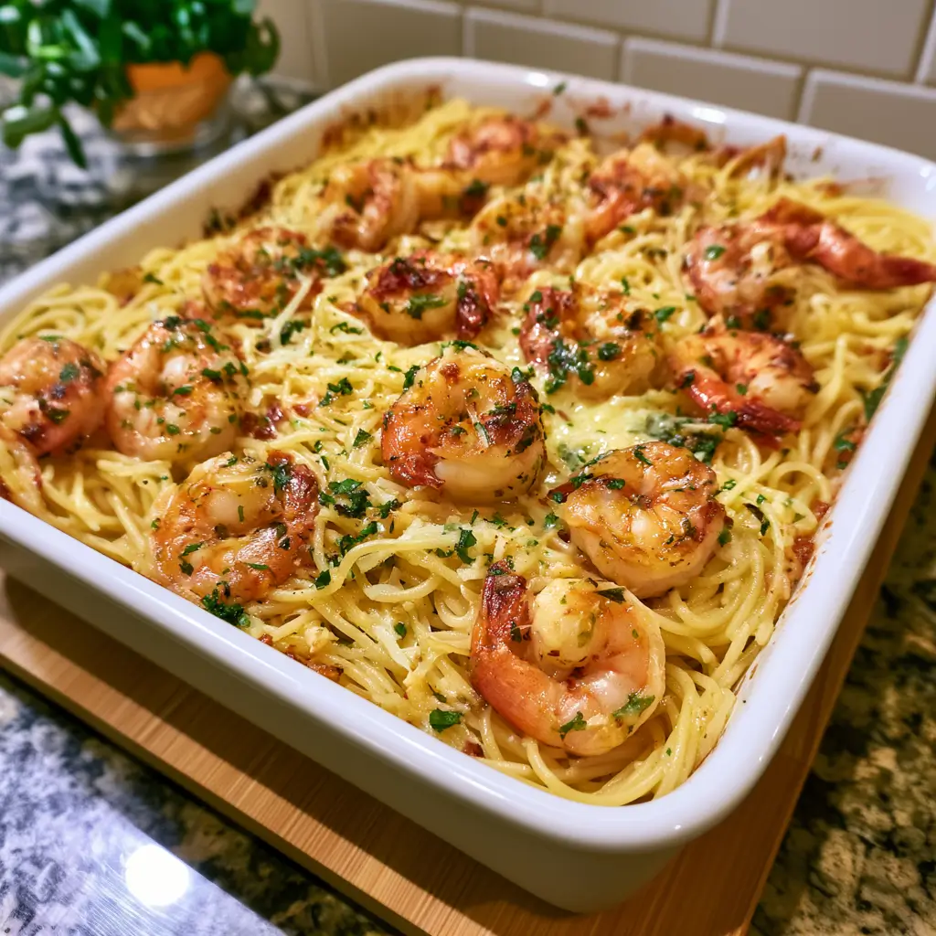 Shrimp scampi pasta bake topped with garlic and herbs, perfect for a weeknight meal.