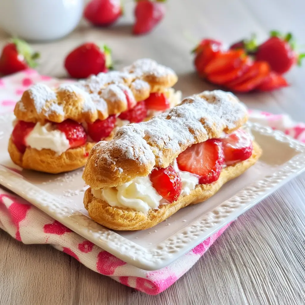 Delicious Strawberries and Cream Eclairs filled with fresh strawberries and whipped cream.