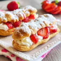 Delicious Strawberries and Cream Eclairs filled with fresh strawberries and whipped cream.