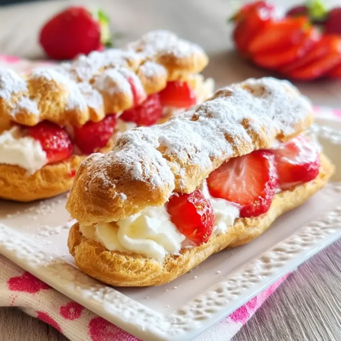 Delicious Strawberries and Cream Eclairs filled with fresh strawberries and whipped cream.