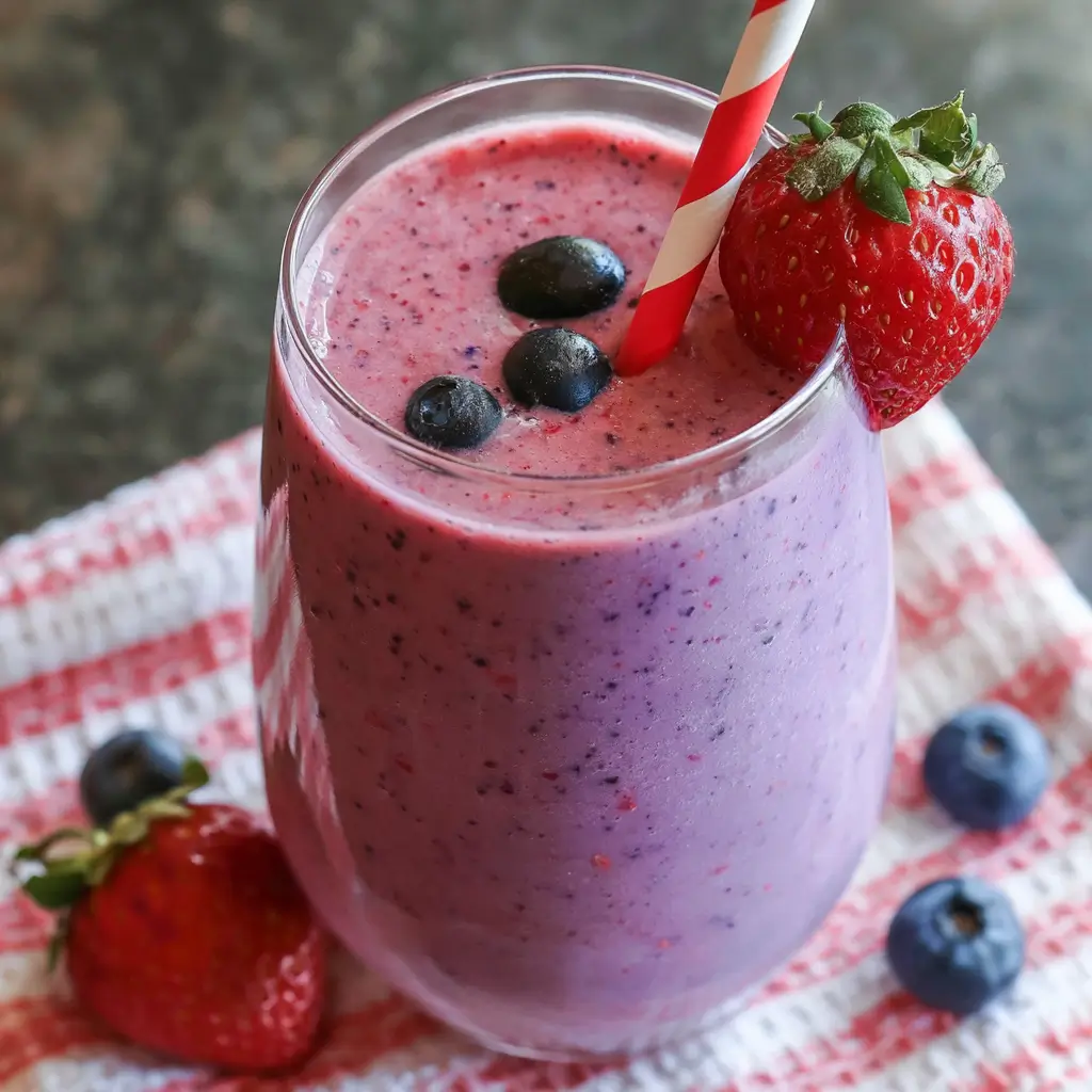 Strawberry Blueberry Smoothie with frozen fruits, Greek yogurt, and almond milk.