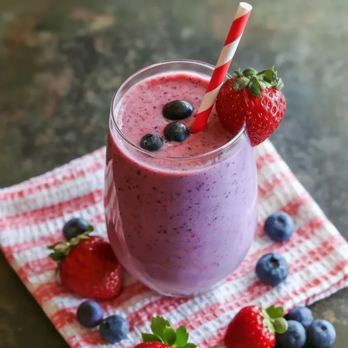 Strawberry Blueberry Smoothie with frozen fruits, Greek yogurt, and almond milk.
