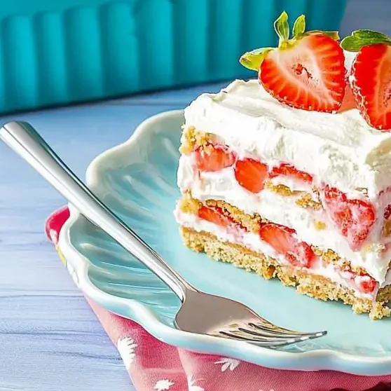 Delicious No-Bake Strawberry Icebox Cake with layers of whipped cream and fresh strawberries.