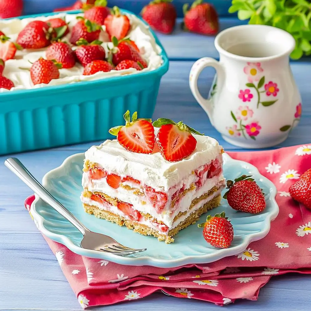 Delicious No-Bake Strawberry Icebox Cake with layers of whipped cream and fresh strawberries.