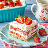 Delicious No-Bake Strawberry Icebox Cake with layers of whipped cream and fresh strawberries.