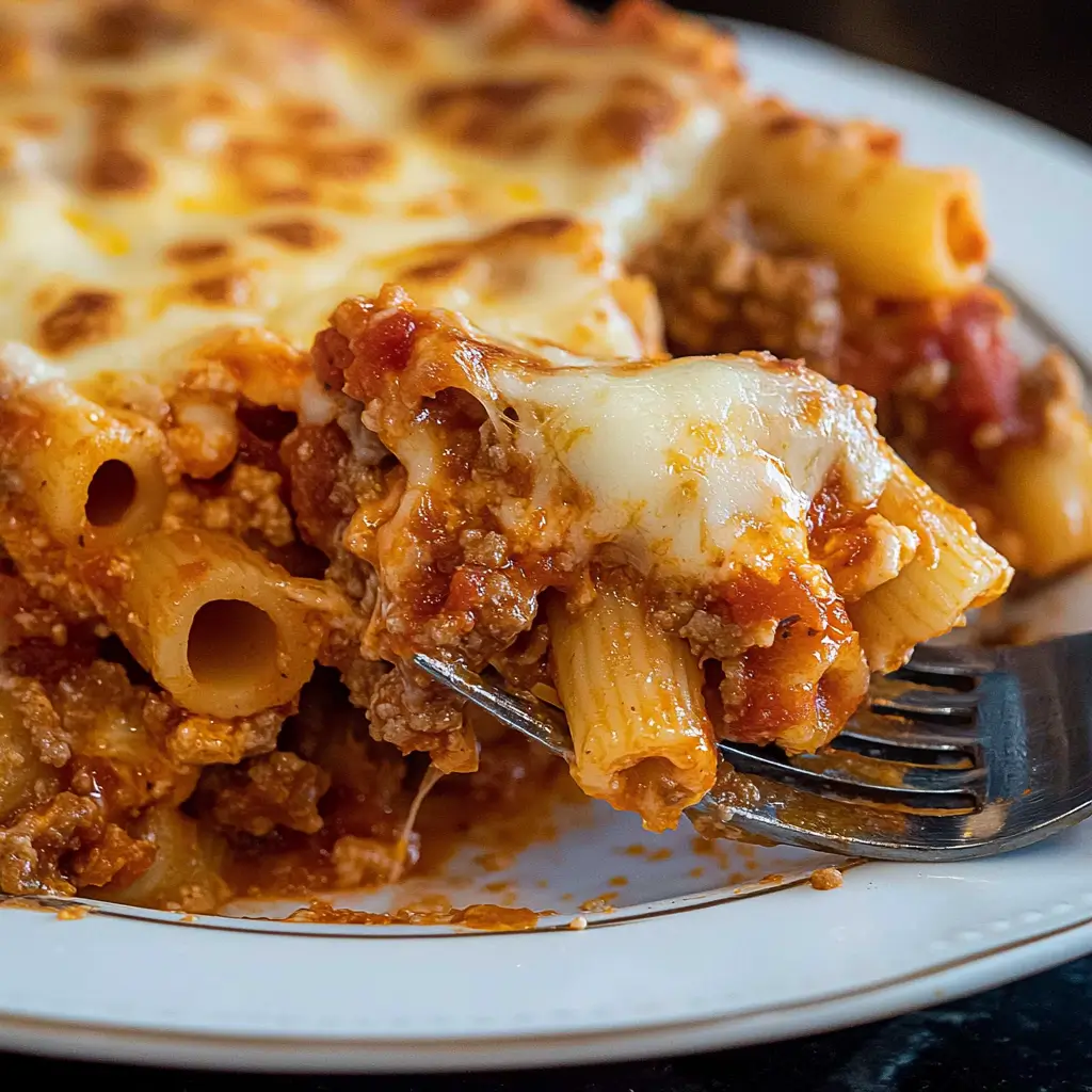 Delicious Million Dollar Baked Ziti topped with melted cheese and herbs.