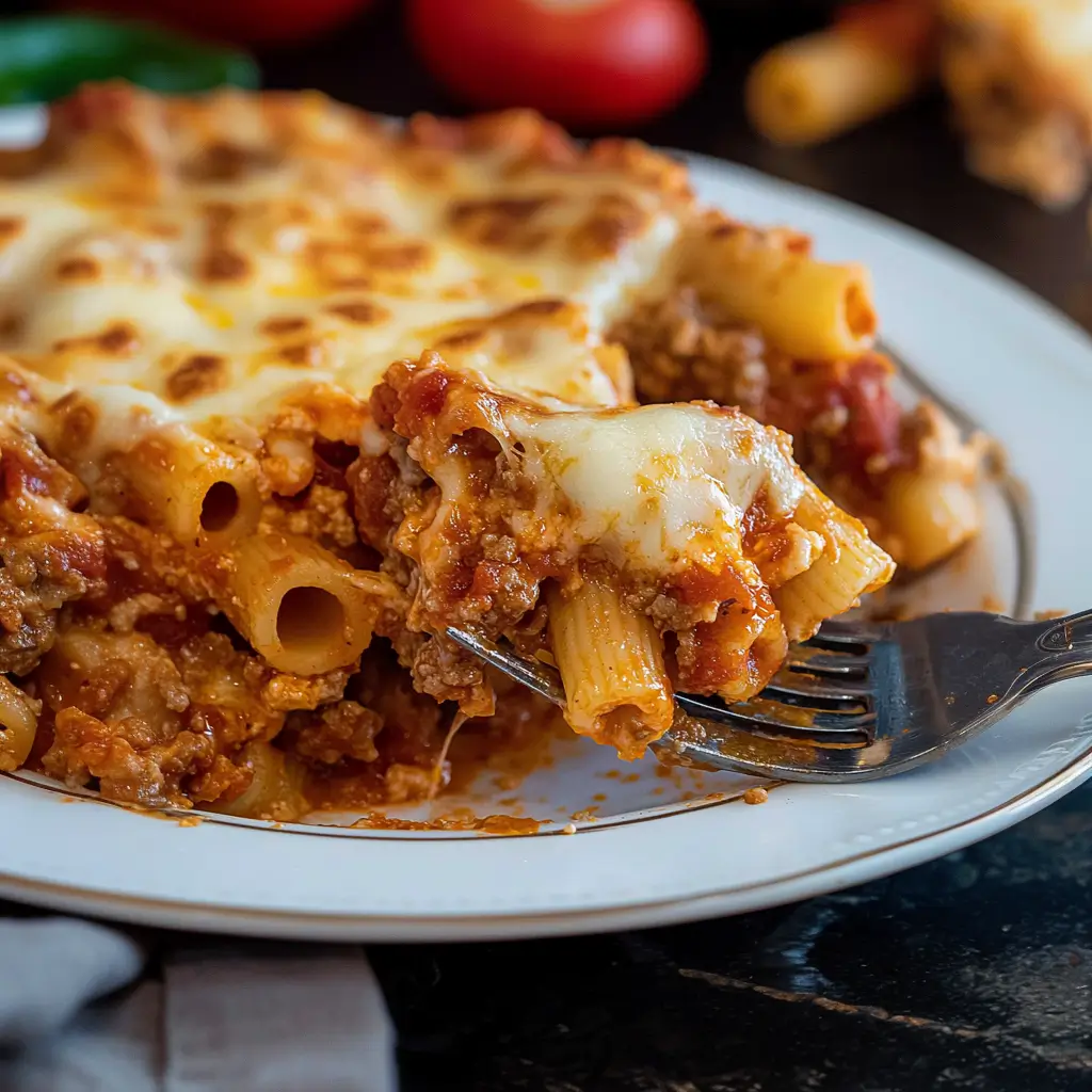 Delicious Million Dollar Baked Ziti topped with melted cheese and herbs.