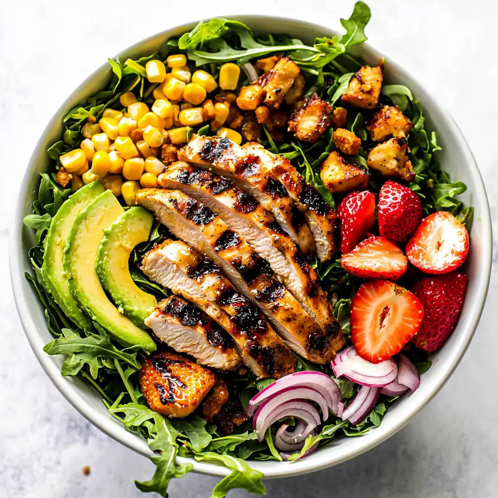 Delicious Honey Mustard Chicken Salad with grilled chicken, bacon, and avocado.