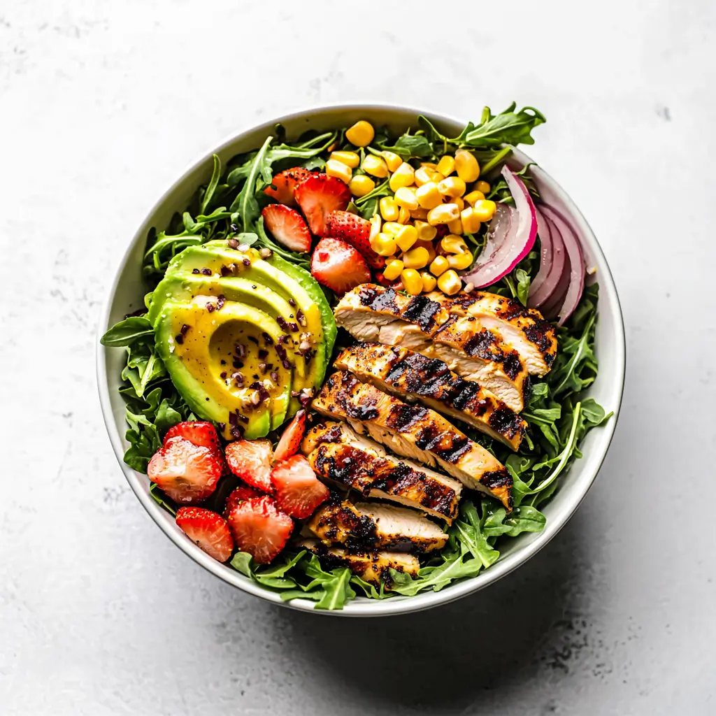 Delicious Honey Mustard Chicken Salad with grilled chicken, bacon, and avocado.