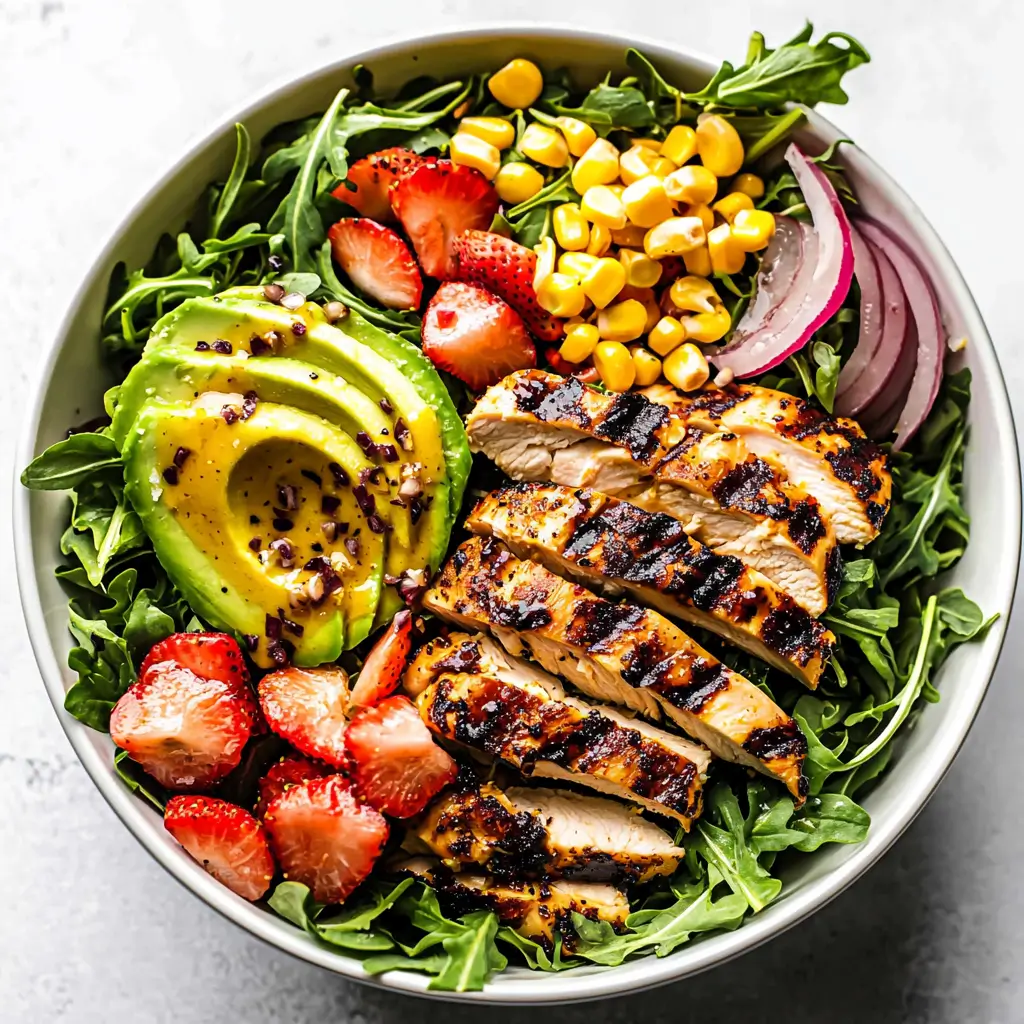 Delicious Honey Mustard Chicken Salad with grilled chicken, bacon, and avocado.
