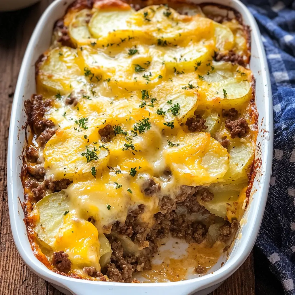 Cheesy Hamburger Potato Casserole with layers of ground beef, cheese, and potatoes.