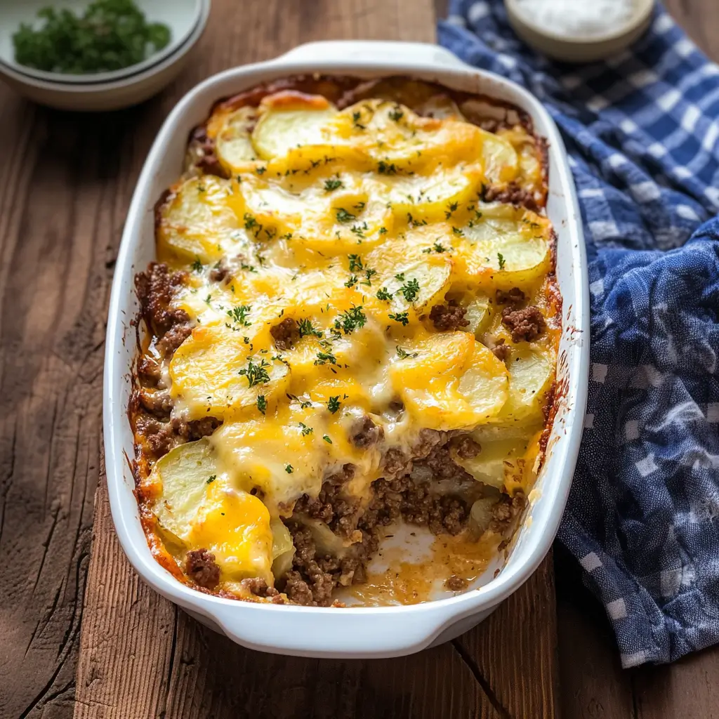 Cheesy Hamburger Potato Casserole with layers of ground beef, cheese, and potatoes.
