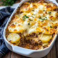 Cheesy Hamburger Potato Casserole with layers of ground beef, cheese, and potatoes.