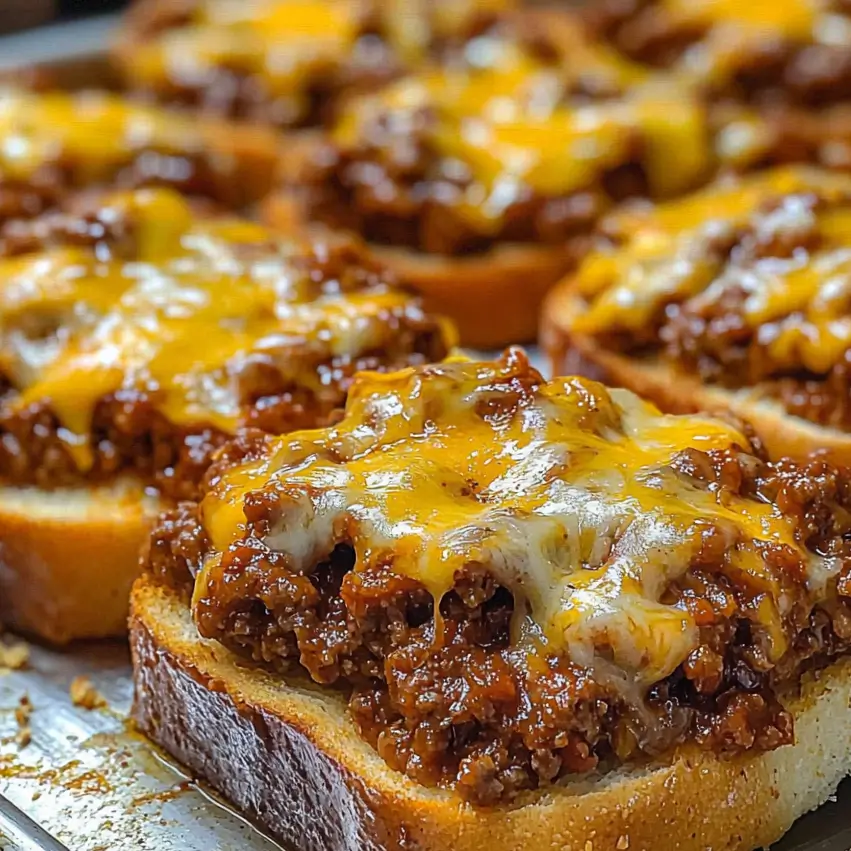 Cheesy Sloppy Joe Garlic Toast topped with melted cheese on crispy garlic bread.