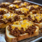 Cheesy Sloppy Joe Garlic Toast topped with melted cheese on crispy garlic bread.