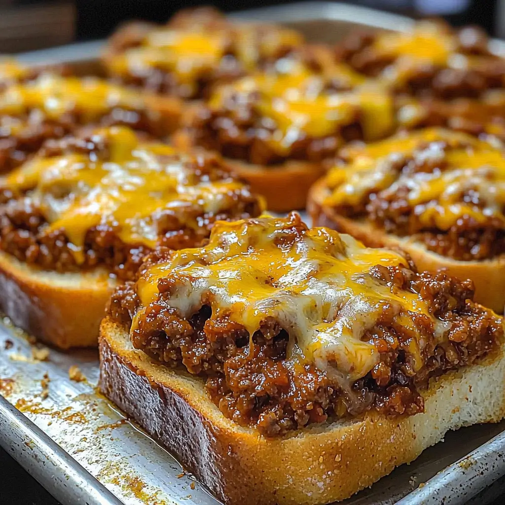 Cheesy Sloppy Joe Garlic Toast topped with melted cheese on crispy garlic bread.